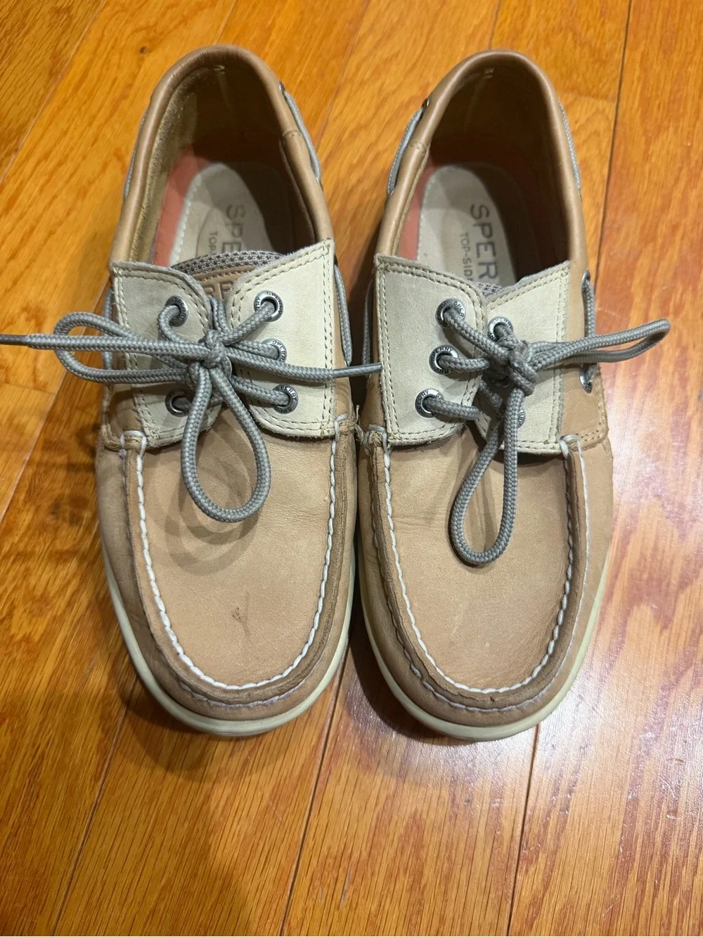 Sperry Top-Sider Men’s 7.5 Tan Leather Boat Shoes Brown Gray Lace Up